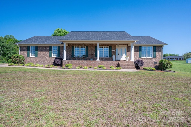 118 Sir Gregory Dr, Shelby, NC 28152 - ranch-style home featuring covered porch, brick siding, roof with shingles, and a front lawn