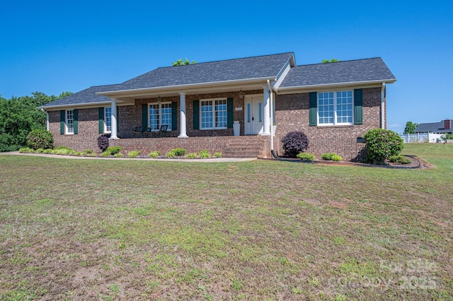 118 Sir Gregory Dr, Shelby, NC 28152 - ranch-style house with a porch, a front lawn, and brick siding