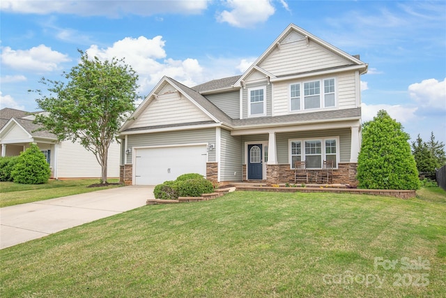 306 Fesperman Cir, Troutman, NC 28166 - craftsman house featuring covered porch, driveway, stone siding, a garage, and a front lawn