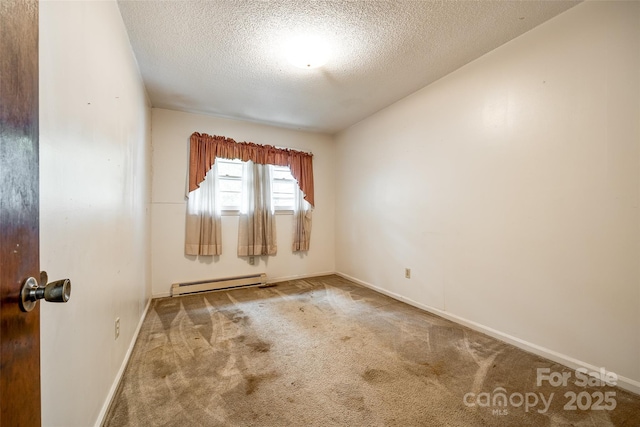 unfurnished room with baseboards, a baseboard heating unit, a textured ceiling, and carpet