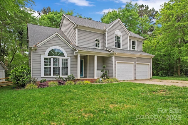 view of front of house with a porch, a front yard, driveway, and a garage
