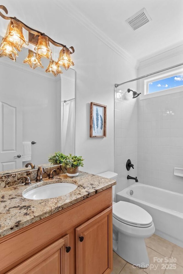 full bath featuring visible vents, crown molding, tile patterned flooring, vanity, and toilet