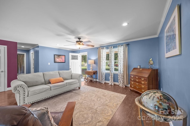 250 Log Barn Rd, Salisbury, NC 28146 - living area featuring a ceiling fan, crown molding, wood finished floors, baseboards, and recessed lighting