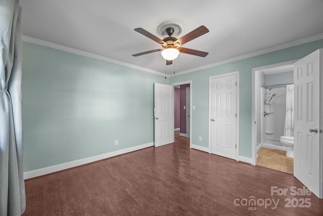 250 Log Barn Rd, Salisbury, NC 28146 - unfurnished bedroom featuring ensuite bathroom, a ceiling fan, wood finished floors, baseboards, and ornamental molding