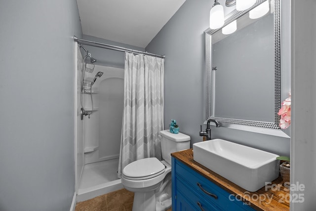 250 Log Barn Rd, Salisbury, NC 28146 - bathroom with a shower with curtain, tile patterned flooring, vanity, and toilet