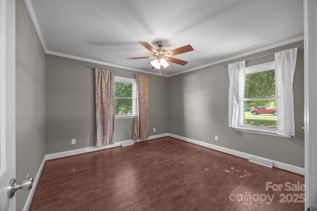 250 Log Barn Rd, Salisbury, NC 28146 - spare room featuring a ceiling fan, visible vents, wood finished floors, baseboards, and ornamental molding