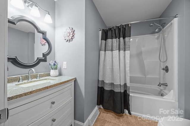 250 Log Barn Rd, Salisbury, NC 28146 - full bath with tile patterned flooring, vanity, shower / bathtub combination with curtain, baseboards, and visible vents
