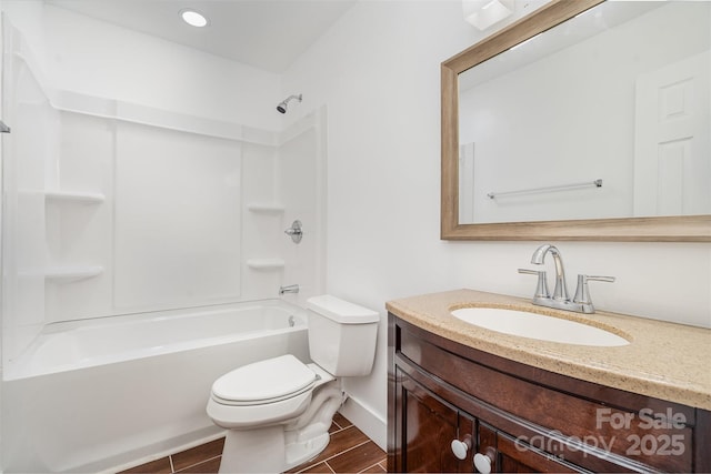 full bathroom with toilet, vanity, shower / bath combination, baseboards, and recessed lighting