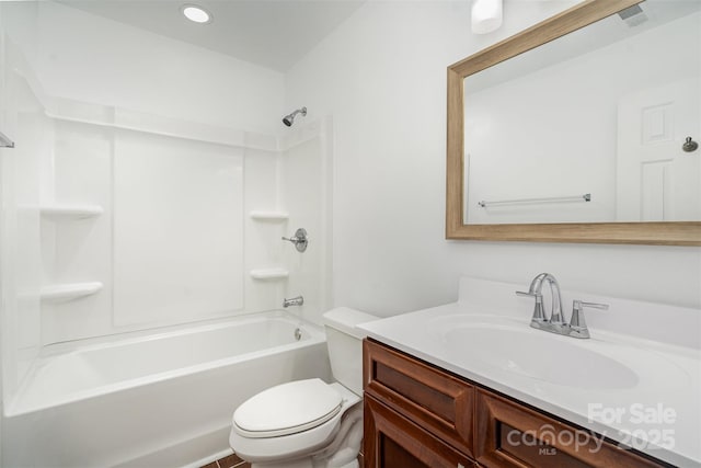 full bathroom featuring toilet, vanity,  shower combination, and recessed lighting