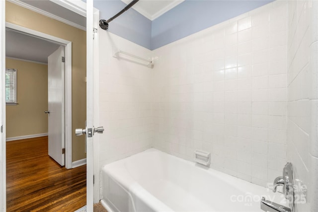115 K M Murphy Rd, Gastonia, NC 28056 - bathroom with baseboards, wood finished floors,  shower combination, and crown molding