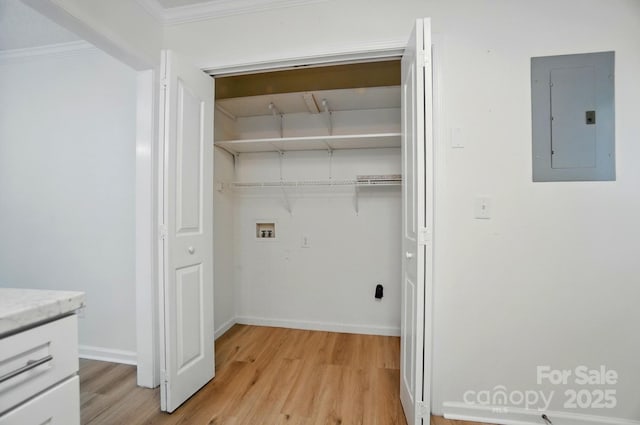 519 Jacobs Rdg, Fort Mill, SC 29715 - laundry area with electric panel, hookup for a washing machine, light wood finished floors, baseboards, and ornamental molding