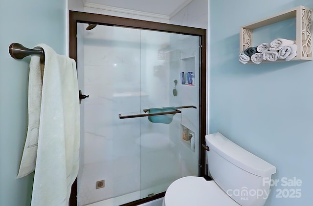 full bathroom featuring toilet and a stall shower