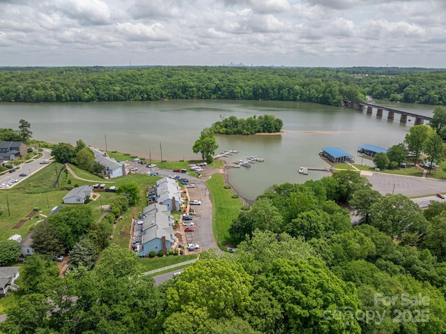 drone / aerial view with a water view and a view of trees