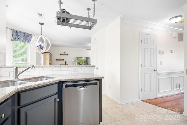 kitchen featuring a sink, visible vents, an inviting chandelier, dishwasher, and light tile patterned floors