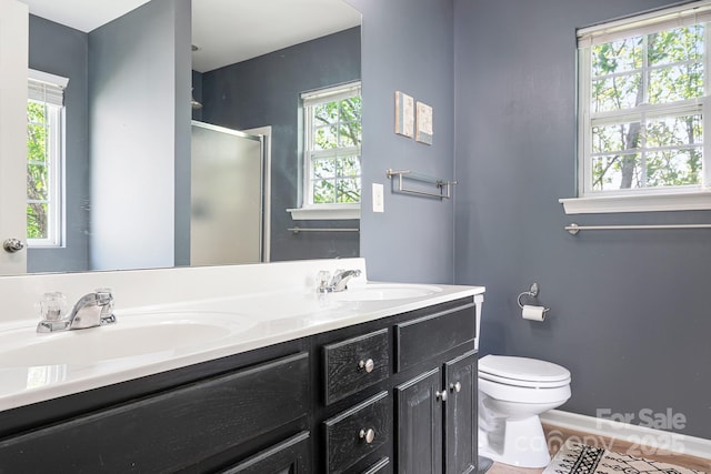 bathroom featuring a shower stall, toilet, a sink, and double vanity