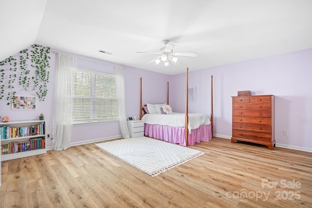 bedroom featuring baseboards, wood finished floors, and visible vents