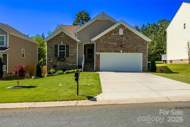 view of front of home with a garage, brick siding, a front lawn, and driveway