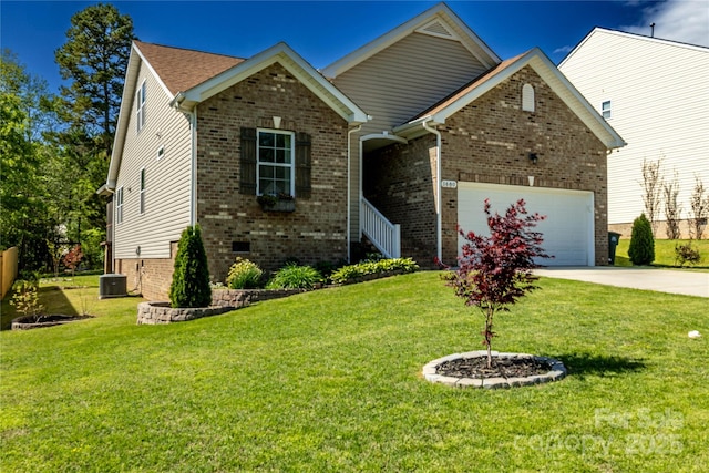 view of front of home with a front yard, driveway, an attached garage, and brick siding