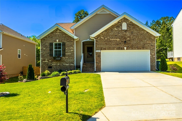 view of front of home with a front lawn, crawl space, driveway, brick siding, and an attached garage