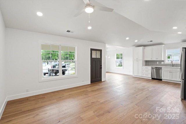 2429/2425 Ellen Ave, Charlotte, NC 28208 - unfurnished living room featuring lofted ceiling, visible vents, light wood-type flooring, and plenty of natural light
