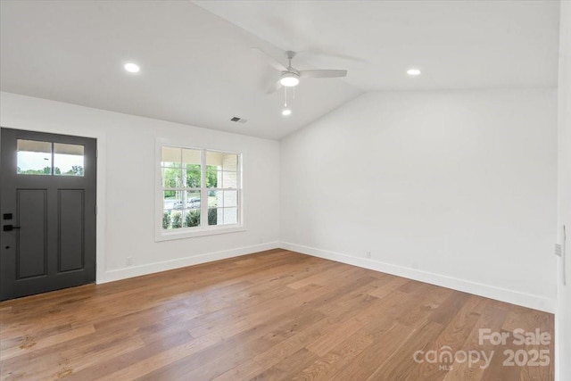 2429/2425 Ellen Ave, Charlotte, NC 28208 - entryway featuring light wood finished floors, vaulted ceiling, baseboards, recessed lighting, and ceiling fan
