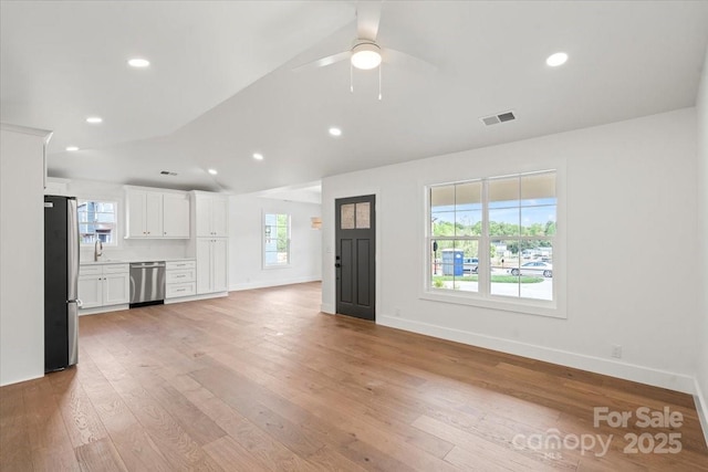 2429/2425 Ellen Ave, Charlotte, NC 28208 - unfurnished living room with lofted ceiling, visible vents, a sink, light wood-type flooring, and ceiling fan