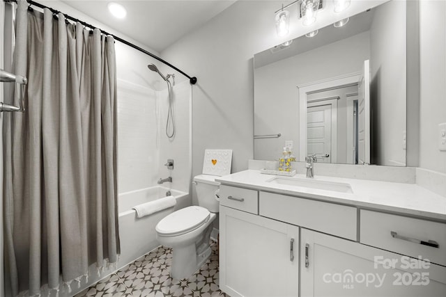 bathroom featuring visible vents, shower / tub combo, vanity, tile patterned floors, and toilet
