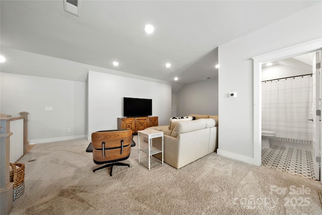 living room with carpet floors, baseboards, recessed lighting, and visible vents