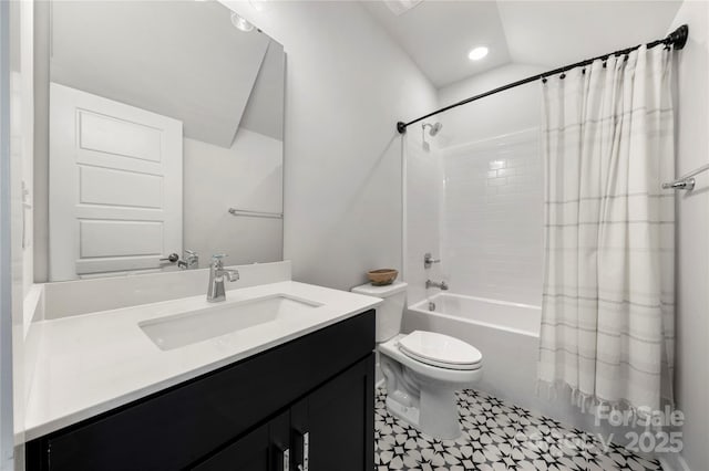 full bathroom with vanity, shower / tub combo with curtain, toilet, recessed lighting, and lofted ceiling