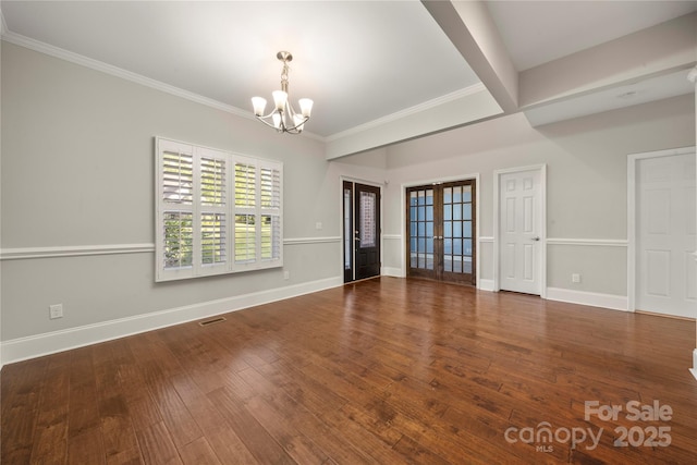 444 Snapdragon Dr, Clover, SC 29710 - spare room with a chandelier, french doors, wood-type flooring, crown molding, and baseboards