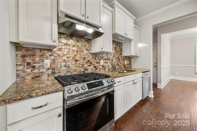 444 Snapdragon Dr, Clover, SC 29710 - kitchen with stainless steel appliances, under cabinet range hood, a sink, crown molding, and dark wood-style floors