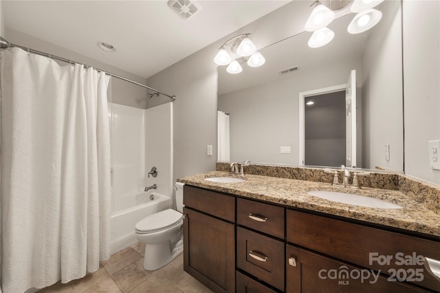 444 Snapdragon Dr, Clover, SC 29710 - bathroom with double vanity, shower / bath combination with curtain, toilet, and tile patterned flooring