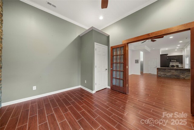 444 Snapdragon Dr, Clover, SC 29710 - empty room with a ceiling fan, baseboards, crown molding, dark wood-type flooring, and recessed lighting