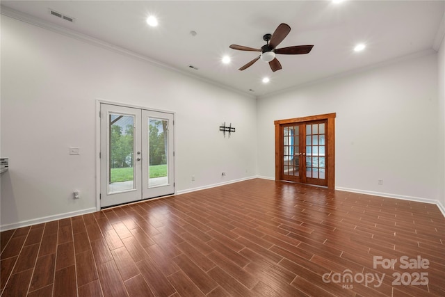 444 Snapdragon Dr, Clover, SC 29710 - unfurnished room with french doors, ceiling fan, crown molding, dark wood-type flooring, and baseboards