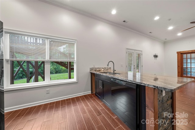 444 Snapdragon Dr, Clover, SC 29710 - kitchen with dishwasher, a sink, ornamental molding, healthy amount of natural light, and dark wood-style flooring