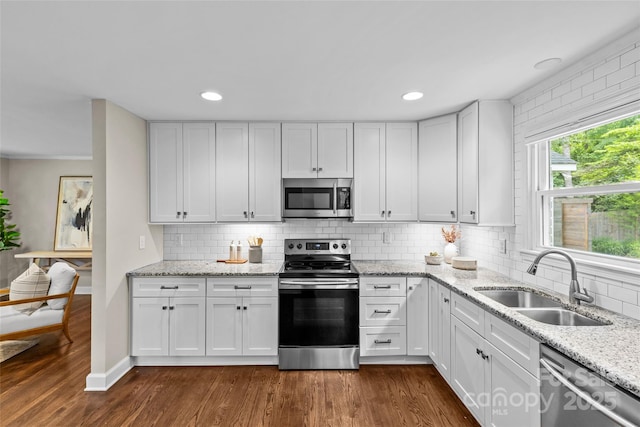 kitchen with decorative backsplash, appliances with stainless steel finishes, a sink, white cabinetry, and dark wood-type flooring