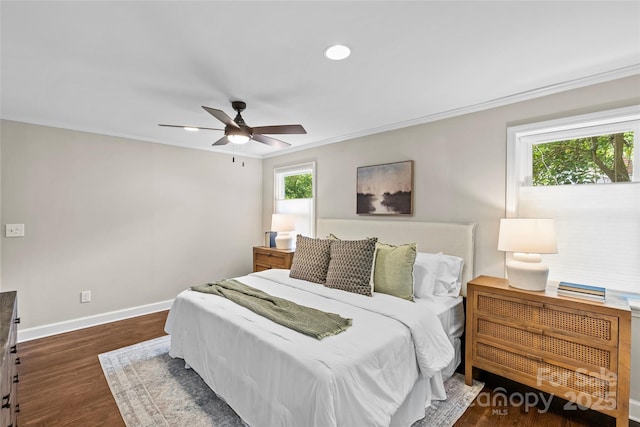 bedroom with crown molding, wood finished floors, baseboards, recessed lighting, and a ceiling fan