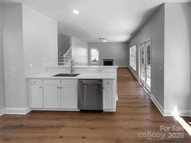 9830 Sandman Ln, Charlotte, NC 28216 - kitchen featuring stainless steel dishwasher, a sink, open floor plan, baseboards, and a fireplace