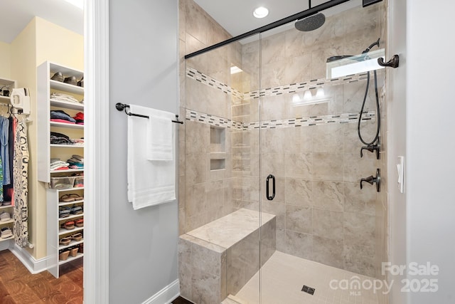 4902 Looking Glass Trl, Denver, NC 28037 - full bathroom with a shower stall, wood finished floors, baseboards, a spacious closet, and recessed lighting