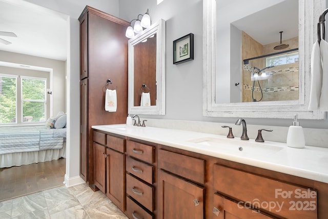 4902 Looking Glass Trl, Denver, NC 28037 - full bathroom with double vanity, a sink, marble finish floor, and walk in shower