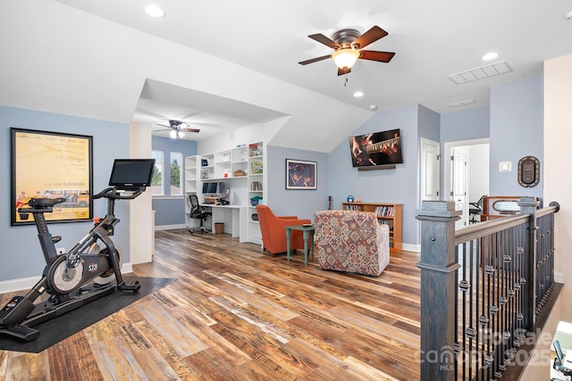 4902 Looking Glass Trl, Denver, NC 28037 - living room featuring a ceiling fan, baseboards, visible vents, and wood finished floors