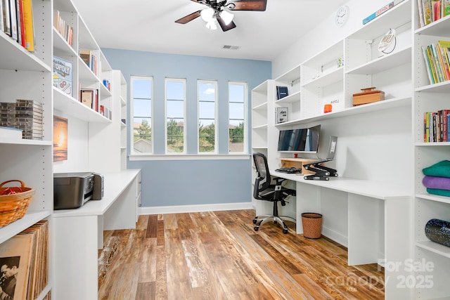 4902 Looking Glass Trl, Denver, NC 28037 - home office with built in study area, a ceiling fan, baseboards, wood finished floors, and visible vents