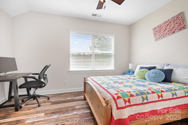 4902 Looking Glass Trl, Denver, NC 28037 - bedroom with a ceiling fan, visible vents, vaulted ceiling, wood finished floors, and baseboards