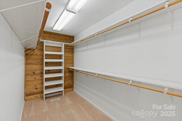 spacious closet featuring light colored carpet and visible vents
