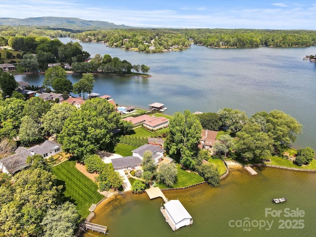 drone / aerial view with a water view