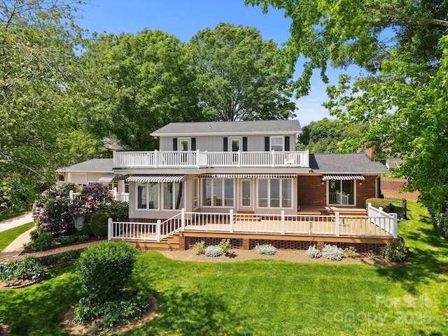 exterior space featuring a lawn, a wooden deck, and a chimney