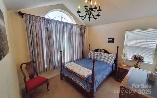 6454 Sain Milling Rd, Vale, NC 28168 - bedroom featuring light carpet, lofted ceiling, and a notable chandelier