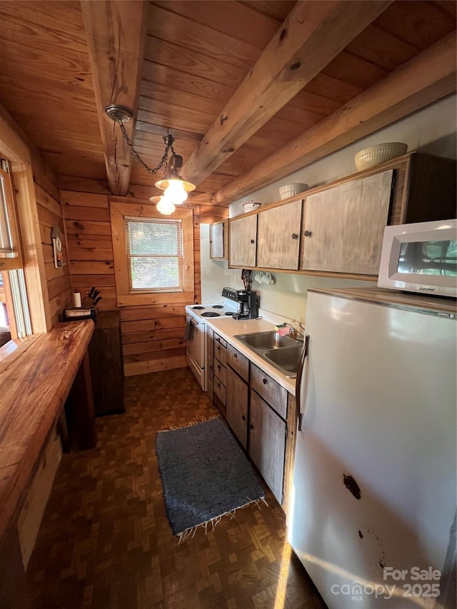 kitchen featuring wood ceiling, fridge, white electric range, a sink, and wooden walls