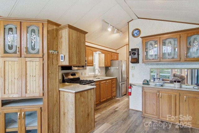 222 Pike Pt, Waynesville, NC 28785 - kitchen with a sink, light wood finished floors, light countertops, stainless steel appliances, and lofted ceiling