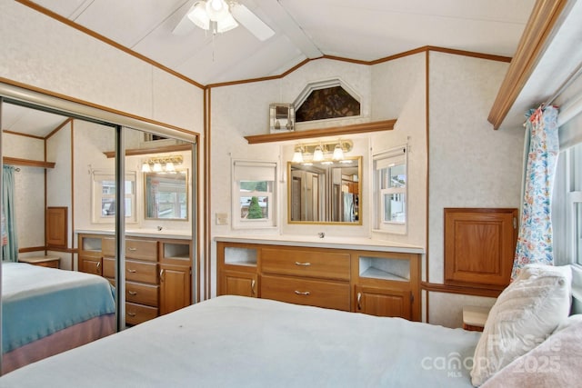 222 Pike Pt, Waynesville, NC 28785 - bedroom featuring crown molding, wallpapered walls, and vaulted ceiling
